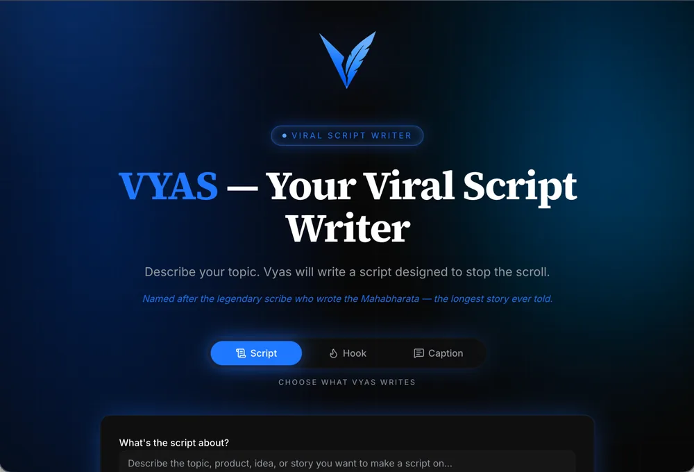 Vyas — the viral script writer mockup